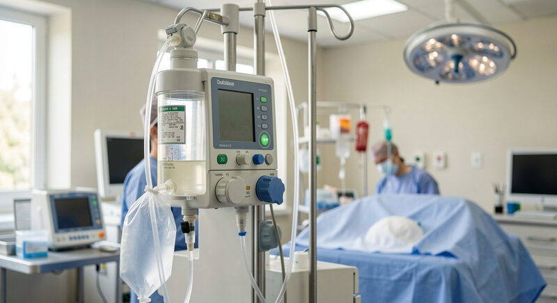 An anaesthesia machine in an operating theatre with a circle system, soda lime canister and reservoir bag in view.