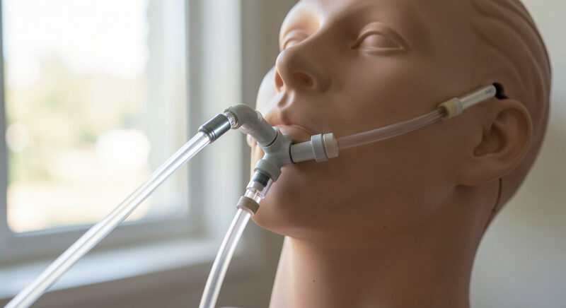 A flexible catheter mount with a double swivel elbow attached to an endotracheal tube connector on a training manikin.