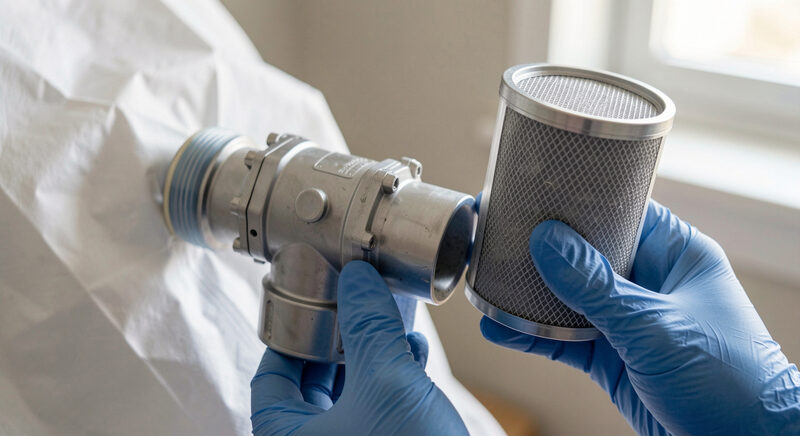 A hygroscopic heat and moisture exchanger filter held beside a ventilator Y-piece in a gloved hand.
