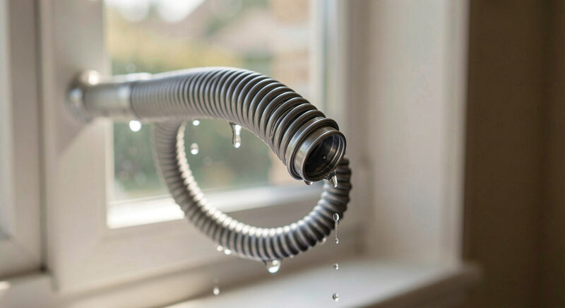 Close view of a corrugated heated wire breathing tube with water droplets collecting in its dependent loop.