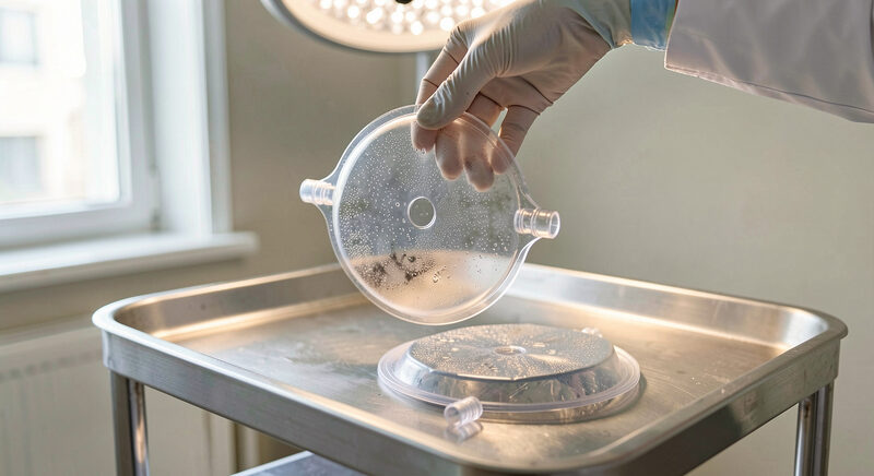 A gloved hand lifting a used clear disc-shaped breathing filter with fine water droplets and dark deposits inside its housing above a stainless steel trolley, a second filter lying on the tray in window light