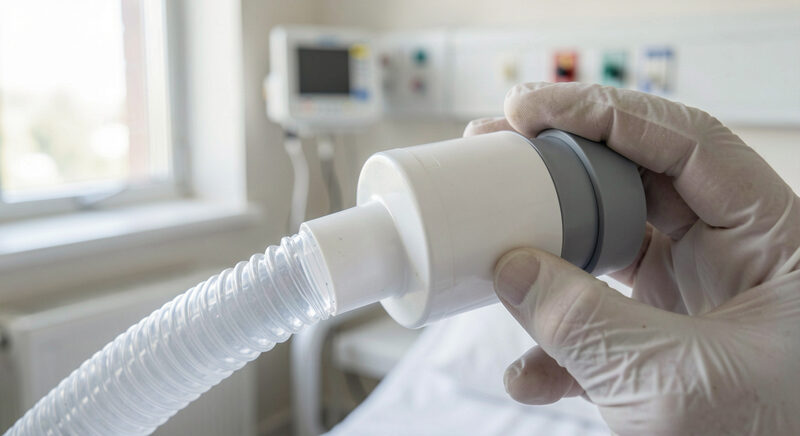 A gloved hand holding a white cylindrical breathing filter fitted to the end of a clear corrugated breathing tube, a bedside monitor and soft window light blurred behind in a hospital room